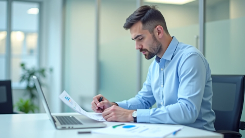 Analytik čte a analyzuje čtvrtletní zprávy na počítači s tabulkami a grafy