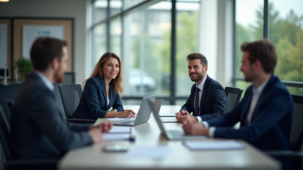 Skupinka zaměstnanců v kanceláři sedí u kulatého stolu a diskutují o pracovních plánech