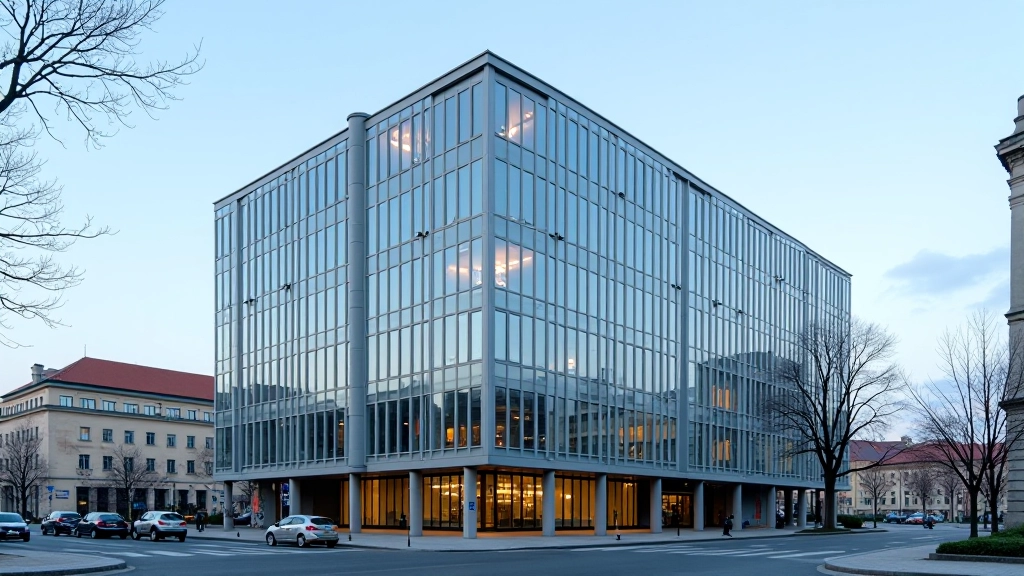 Budova MPSV v Praze s českou vlajkou, úřední budova moderní architektury