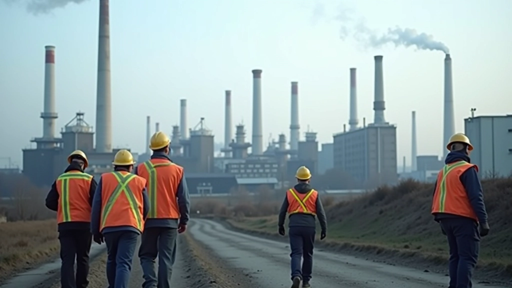 Průmyslová zóna s továrními komíny a pracovníky v bezpečnostních vestách