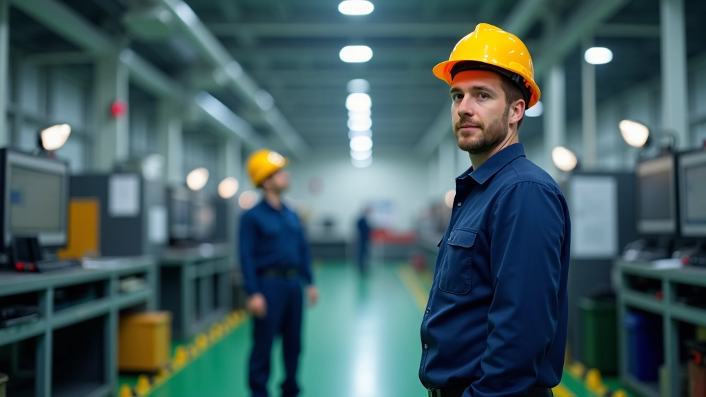 Tovární výrobní hala s prázdnými pracovními stanicemi a pár pracovníků v bezpečnostních helmách