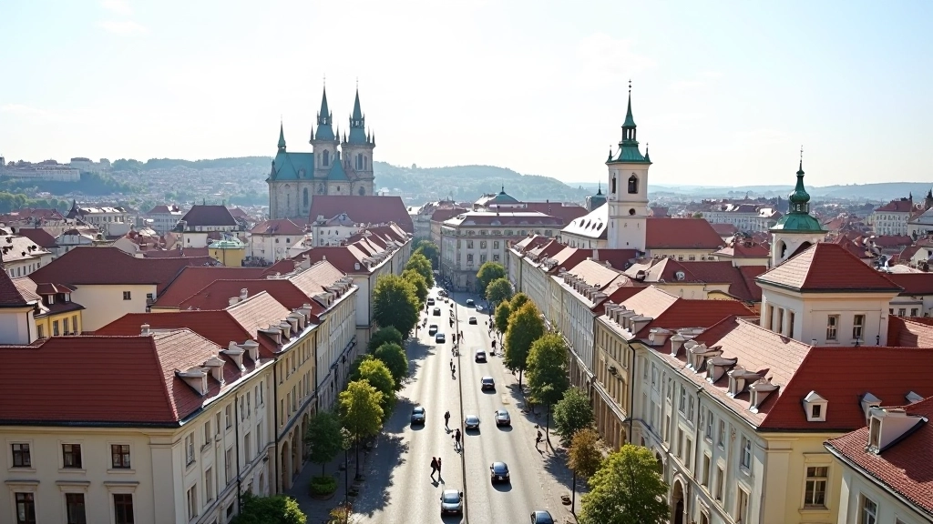 Panoramatický pohled na centrum Prahy se stavbami a rušným dopravem