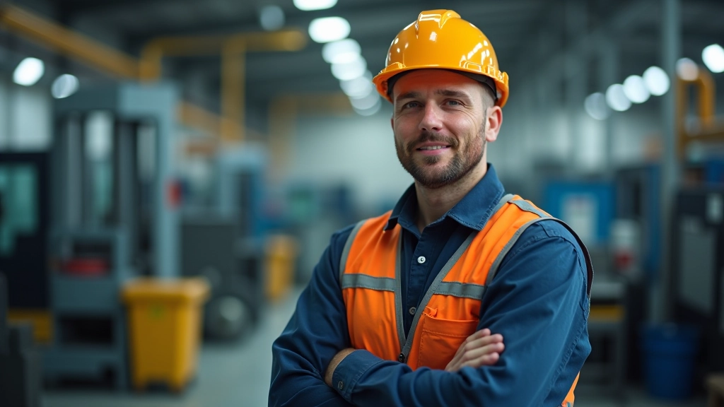 Portrét zaměstnance v továrně s výrobními zařízeními v pozadí